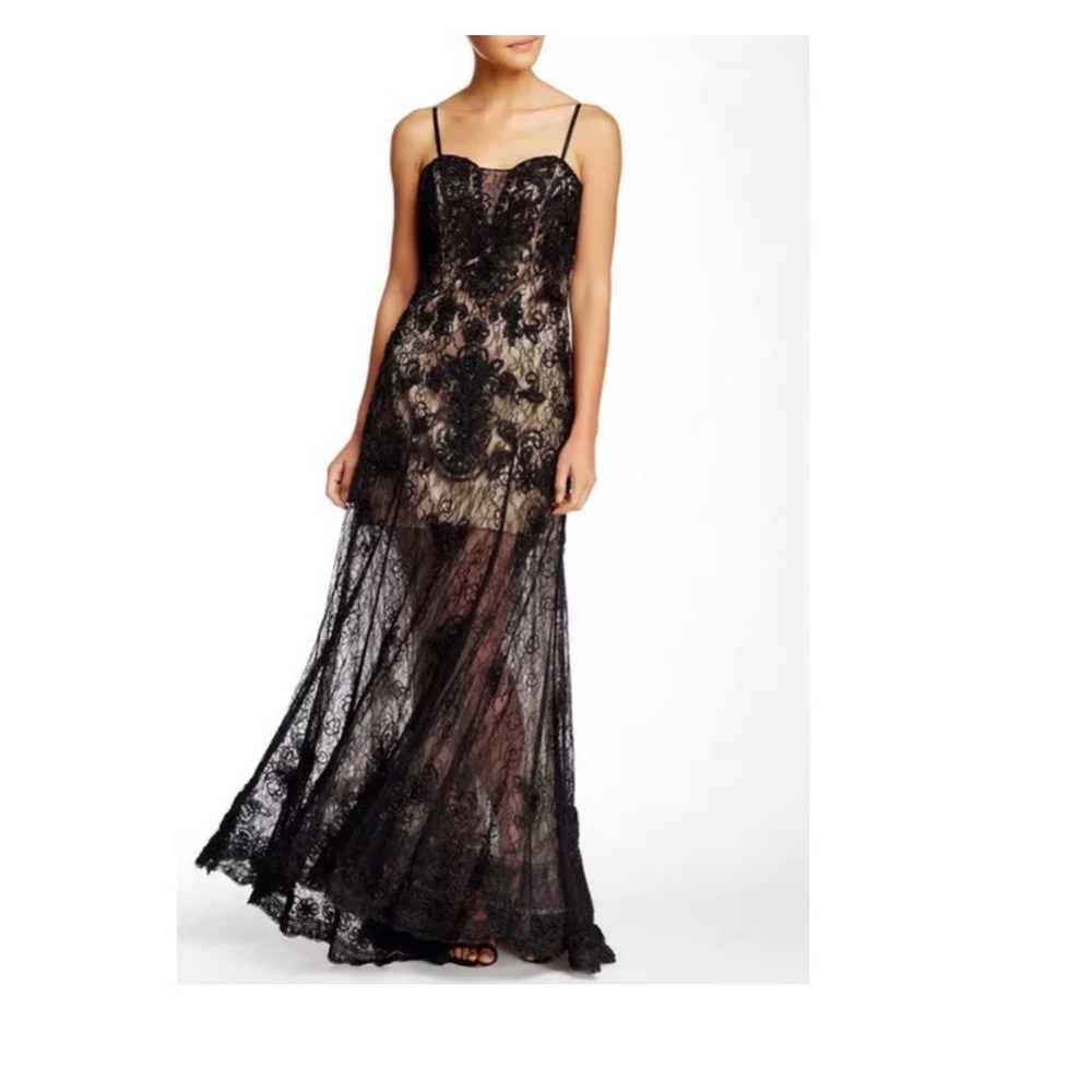 NWT $745 Sue Wong Sheer‎ Lace Trumpet Gown [SZ 4 ] Black Nude